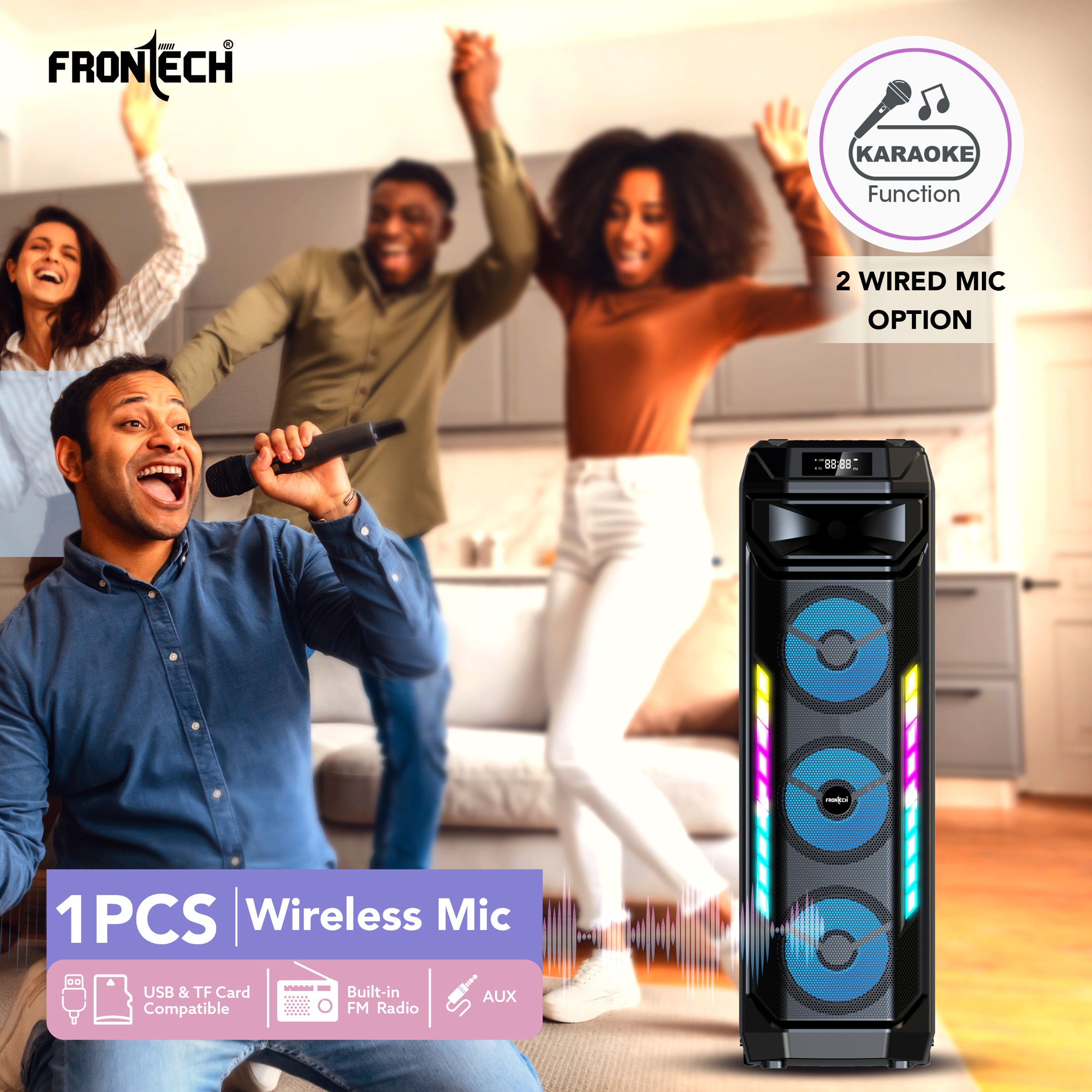 Frontech Smash PRO-20P 90W Trolley Speaker | Karaoke with Wireless Mic | TWS | RGB Lights | BT 5.0 | USB/TF/AUX/FM | 6000mAh Battery | Dual Mic Ports | Recording (SW-0020P). Frontech Smash PRO-20P 90W Trolley Speaker | Karaoke with Wireless Mic | TWS | RGB Lights | BT 5.0 | USB/TF/AUX/FM | 6000mAh Battery | Dual Mic Ports | Recording (SW-0020P).